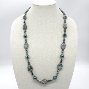Necklace with Turquoise and Hematite stones.